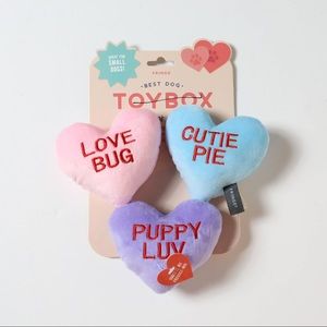 Fringe Toybox set of 3 heart shaped toys for small dogs squeaky cute fluffy pup